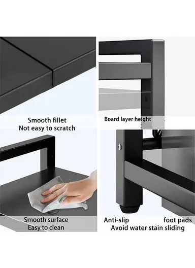 Extendable 2 Tier Elegant &amp; Easy To Assemble Microwave Organization Rack For Kitchen (W40-60 x D36 x H46)cm - Black