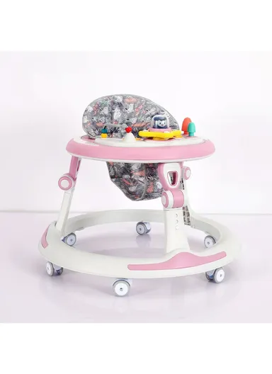 6-18 Month Folding Musical Round Baby Walker With 6-360° Wheels, 3 Height Adjustments, Cushion Seat &amp; Removable Tray (D70 x H50)cm - Pink