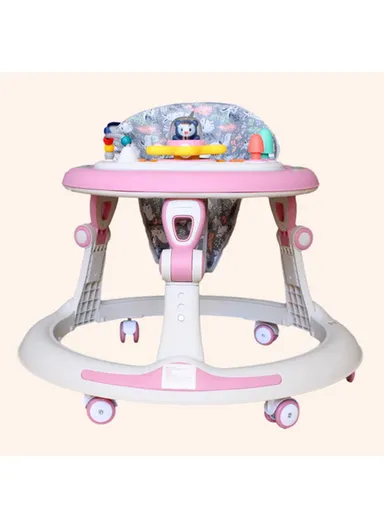 6-18 Month Folding Musical Round Baby Walker With 6-360° Wheels, 3 Height Adjustments, Cushion Seat &amp; Removable Tray (D70 x H50)cm - Pink