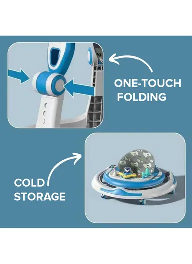 6-18 Month Folding Musical Round Baby Walker With 6-360° Wheels, 3 Height Adjustments, Cushion Seat &amp; Removable Tray (D70 x H50)cm - Pink