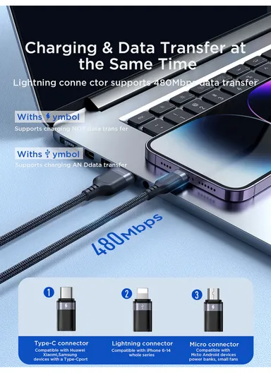 0.3m 3.5A Multi-Use Series 3-in-1 Type-C to Lightning+ Type-C + Micro Data Cable S-A18 - Black