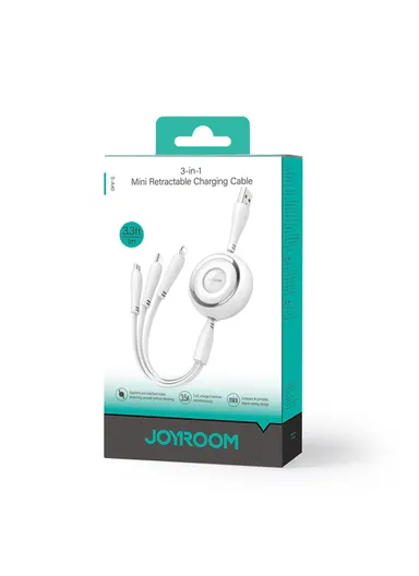 3.5A 1m 3-in-1 Mini Retractable Charging Cable S-A40 - White