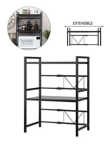 3-Tier Expandable Heavy-Duty Iron Storage Organizer Rack with Side Hooks, Multi-Purpose Adjustable Microwave Kitchen Rack Organizer (W40-60 x D36 x H77)cm - Black