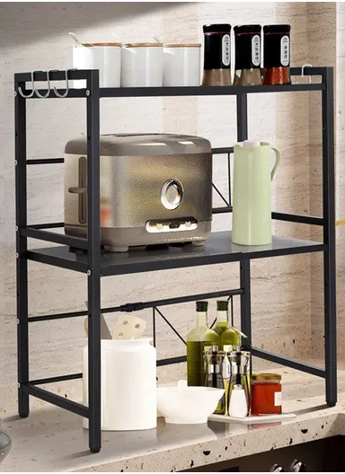 3-Tier Expandable Heavy-Duty Iron Storage Organizer Rack with Side Hooks, Multi-Purpose Adjustable Microwave Kitchen Rack Organizer (W40-60 x D36 x H77)cm - Black