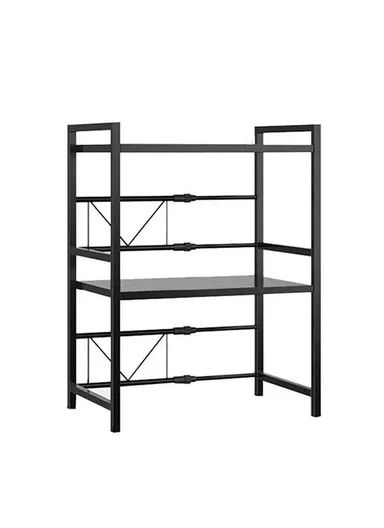 3-Tier Expandable Heavy-Duty Iron Storage Organizer Rack with Side Hooks, Multi-Purpose Adjustable Microwave Kitchen Rack Organizer (W40-60 x D36 x H77)cm - Black
