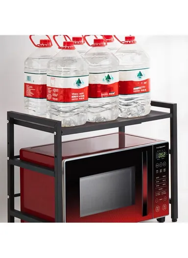 3-Tier Expandable Heavy-Duty Iron Storage Organizer Rack with Side Hooks, Multi-Purpose Adjustable Microwave Kitchen Rack Organizer (W40-60 x D36 x H77)cm - Black