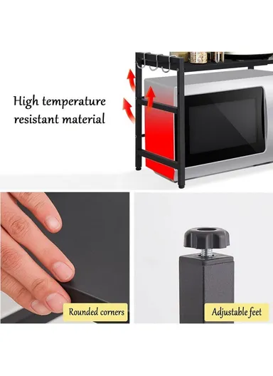 3-Tier Expandable Heavy-Duty Iron Storage Organizer Rack with Side Hooks, Multi-Purpose Adjustable Microwave Kitchen Rack Organizer (W40-60 x D36 x H77)cm - Black