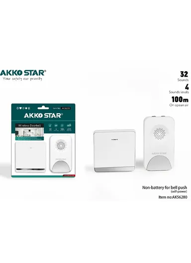 150m Operating Range Waterproof Wireless Doorbell With 32 Optional Sounds, 24 Polyphonic, 4 Sounds Level &amp; Indicator LED AK56280