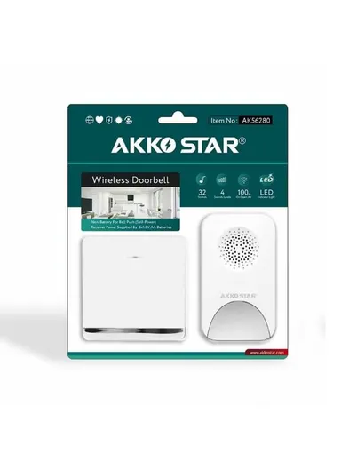 150m Operating Range Waterproof Wireless Doorbell With 32 Optional Sounds, 24 Polyphonic, 4 Sounds Level &amp; Indicator LED AK56280