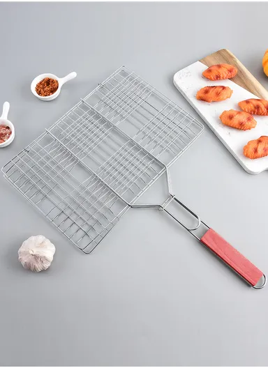 Chromium Plated Barbecue Grill Net Basket With Wooden Handle (40X30X58)cm