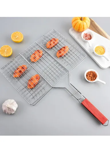 Chromium Plated Barbecue Grill Net Basket With Wooden Handle (40X30X58)cm