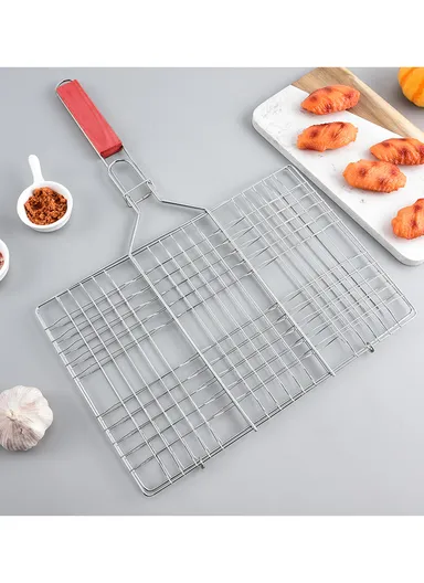 Chromium Plated Barbecue Grill Net Basket With Wooden Handle (40X30X58)cm