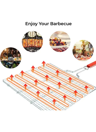 Chromium Plated Barbecue Grill Net Basket With Wooden Handle (40X30X60)cm