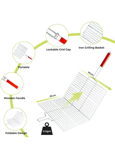 Chromium Plated Barbecue Grill Net Basket With Wooden Handle (40X30X60)cm