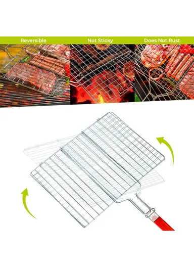 Chromium Plated Barbecue Grill Net Basket With Wooden Handle (40X30X60)cm
