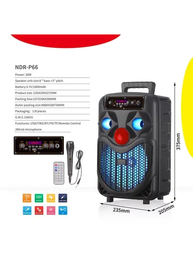 8" 15W 1800mAh Portable Speaker With Handle, Wired Microphone, Remote Control &amp; LED Lighting SPH DR06 