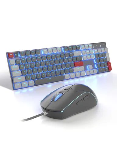 USB Wired Mechanical Keyboard &amp; Mouse Set with 104Keys, Ice Blue Lights &amp; 6 DPI Mouse for Windows &amp; Mac MOON104 