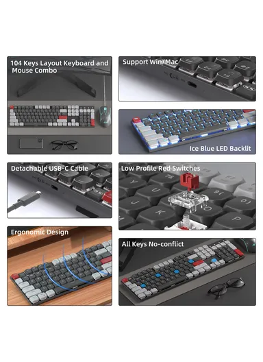 USB Wired Mechanical Keyboard &amp; Mouse Set with 104Keys, Ice Blue Lights &amp; 6 DPI Mouse for Windows &amp; Mac MOON104 