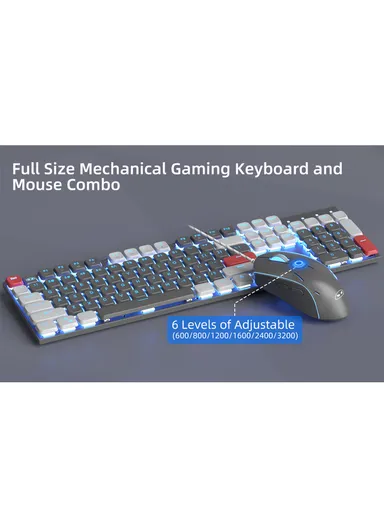 USB Wired Mechanical Keyboard &amp; Mouse Set with 104Keys, Ice Blue Lights &amp; 6 DPI Mouse for Windows &amp; Mac MOON104 