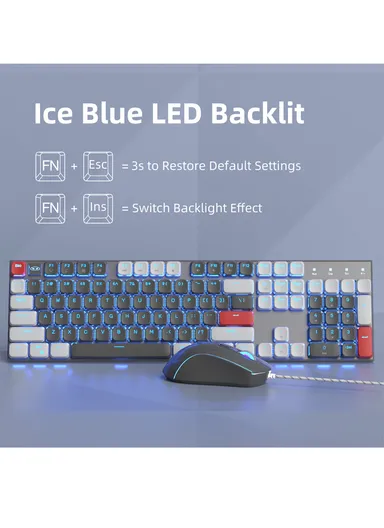 USB Wired Mechanical Keyboard &amp; Mouse Set with 104Keys, Ice Blue Lights &amp; 6 DPI Mouse for Windows &amp; Mac MOON104 