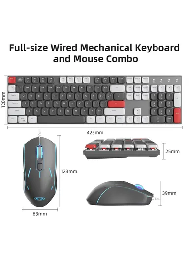 USB Wired Mechanical Keyboard &amp; Mouse Set with 104Keys, Ice Blue Lights &amp; 6 DPI Mouse for Windows &amp; Mac MOON104 