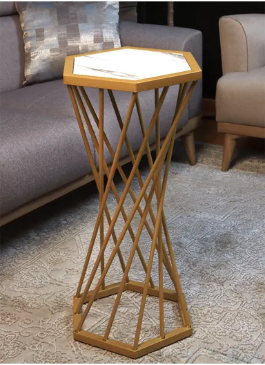 Hexagonal Plant Flower Pot Stand with Wooden Shelf, Plant Holder, Plant Display Rack for Balcony, Home, Offices, Hotels &amp; Decorations (W30 x D35 x H70)cm - Gold