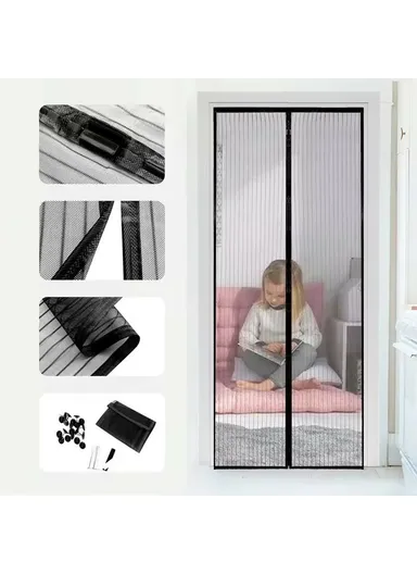 120x210cm Magnetic Screen Door Mesh Summer Mosquito Net Curtain with 9 Pairs Of Magnetic Buckle - Black