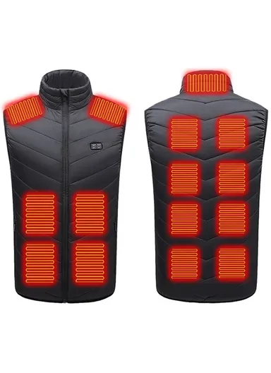 15 Zone Electric Thermal Jacket Winter Stand Collar Men Heated Vest for Outdoor Sports, Double Mode (Without Power Bank) - Black / 6XL