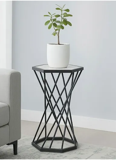 Hexagonal Plant Flower Pot Stand with Wooden Shelf, Plant Holder, Plant Display Rack for Balcony, Home, Offices, Hotels &amp; Decorations (W30 x D34 x H53)cm - Black