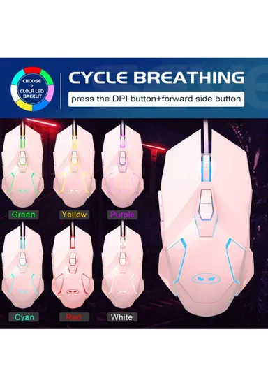 3200 DPI 7 Buttons Wired Gaming Mouse with 7-Color Backlit &amp; 6 Adjustable DPI Levels for Windows G10 - Pink