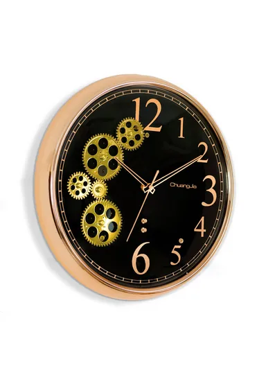 38cm Decorative Silent Round Mechanical Style Design Wall Clock Battery Operated For Home, Office - Black