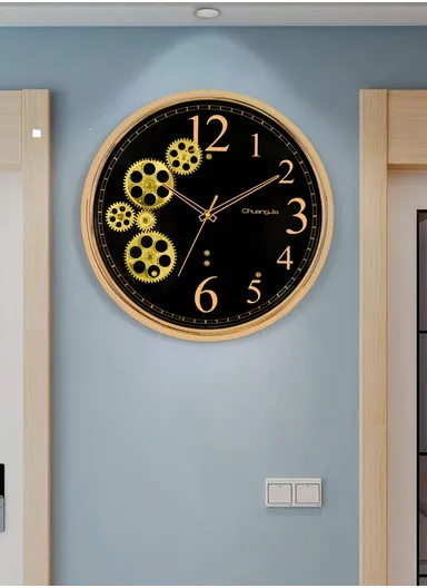 38cm Decorative Silent Round Mechanical Style Design Wall Clock Battery Operated For Home, Office - Black