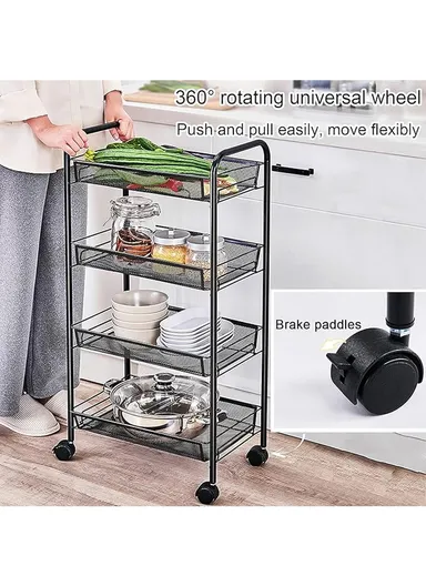 3-Layer Mesh Storage Rack with Wheels &amp; 5 Hooks, Kitchen Organizer Shelf Vegetable Basket (W45 x D27 x H63)cm - White