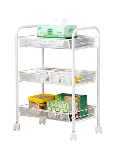 3-Layer Mesh Storage Rack with Wheels &amp; 5 Hooks, Kitchen Organizer Shelf Vegetable Basket (W45 x D27 x H63)cm - White