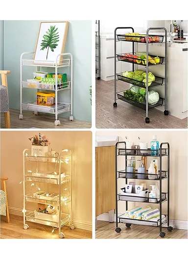 3-Layer Mesh Storage Rack with Wheels &amp; 5 Hooks, Kitchen Organizer Shelf Vegetable Basket (W45 x D27 x H63)cm - White