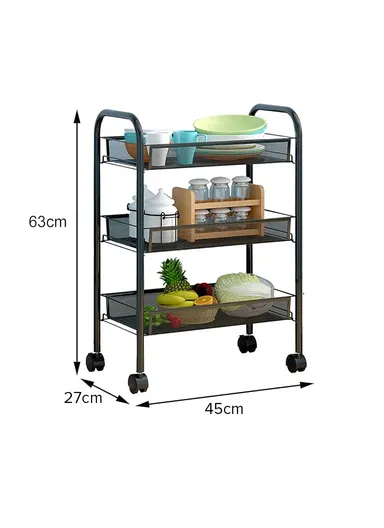 3-Layer Mesh Storage Rack with Wheels &amp; 5 Hooks, Kitchen Organizer Shelf Vegetable Basket (W45 x D27 x H63)cm - White