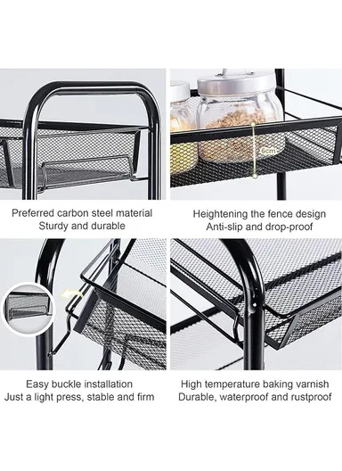 3-Layer Mesh Storage Rack with Wheels &amp; 5 Hooks, Kitchen Organizer Shelf Vegetable Basket (W45 x D27 x H63)cm - White