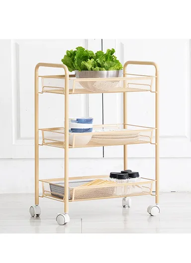 3-Layer Mesh Storage Rack with Wheels &amp; 5 Hooks, Kitchen Organizer Shelf Vegetable Basket (W45 x D27 x H63)cm - White