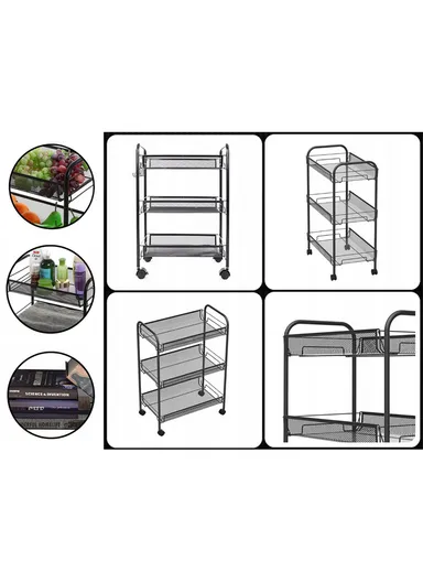 3-Layer Mesh Storage Rack with Wheels &amp; 5 Hooks, Kitchen Organizer Shelf Vegetable Basket (W45 x D27 x H63)cm - White