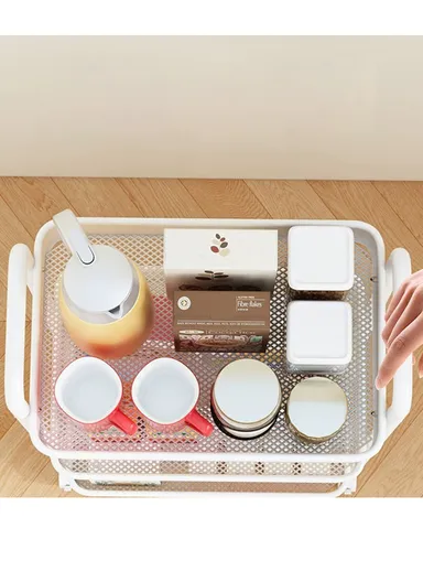 3-Layer Mesh Storage Rack with Wheels &amp; 5 Hooks, Kitchen Organizer Shelf Vegetable Basket (W45 x D27 x H63)cm - White