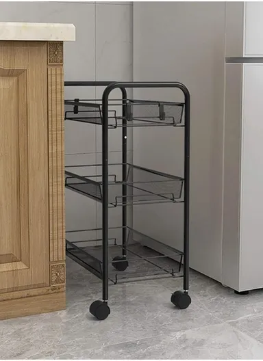 3-Layer Mesh Storage Rack with Wheels &amp; 5 Hooks, Kitchen Organizer Shelf Vegetable Basket (W45 x D27 x H63)cm - White