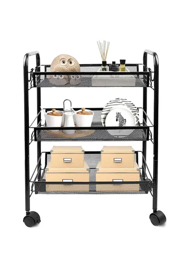 3-Layer Mesh Storage Rack with Wheels &amp; 5 Hooks, Kitchen Organizer Shelf Vegetable Basket (W45 x D27 x H63)cm - Black