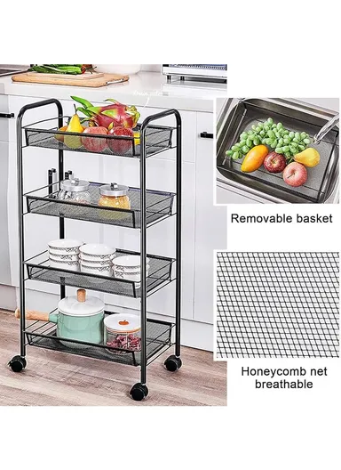 3-Layer Mesh Storage Rack with Wheels &amp; 5 Hooks, Kitchen Organizer Shelf Vegetable Basket (W45 x D27 x H63)cm - Black