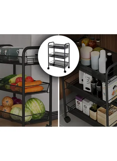 3-Layer Mesh Storage Rack with Wheels &amp; 5 Hooks, Kitchen Organizer Shelf Vegetable Basket (W45 x D27 x H63)cm - Black