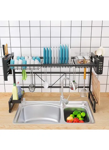 2-Layer Kitchen Dish Drying Rack Over The Sink Dish Drainer for Kitchen Storage Counter (L60 x W95 x H55)cm - Black