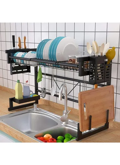 2-Layer Kitchen Dish Drying Rack Over The Sink Dish Drainer for Kitchen Storage Counter (L60 x W95 x H55)cm - Black