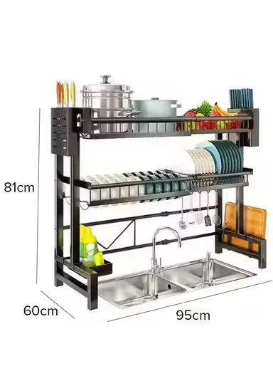 2-Layer Kitchen Dish Drying Rack Over The Sink Dish Drainer for Kitchen Storage Counter (L60 x W95 x H81)cm - Black