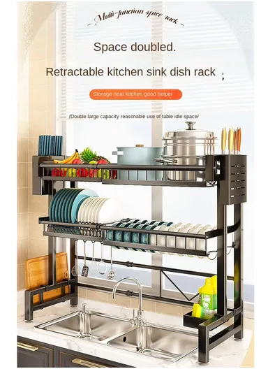2-Layer Kitchen Dish Drying Rack Over The Sink Dish Drainer for Kitchen Storage Counter (L60 x W95 x H81)cm - Black