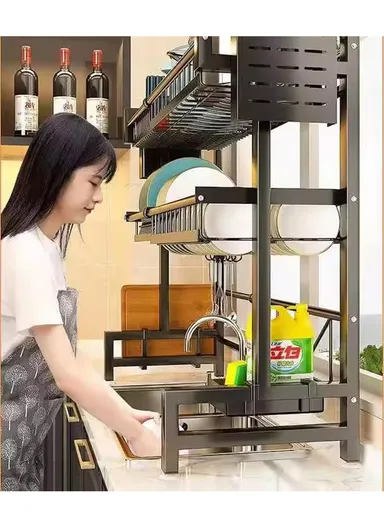 2-Layer Kitchen Dish Drying Rack Over The Sink Dish Drainer for Kitchen Storage Counter (L60 x W95 x H81)cm - Black