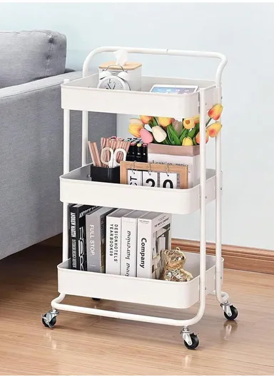 3-Layer Multi-Functional Rectangular Rolling Storage Cart Basket with 360° Rotatable Wheels Fruit &amp; Vegetable Storage Shelf (W45xD33xH82)cm - White